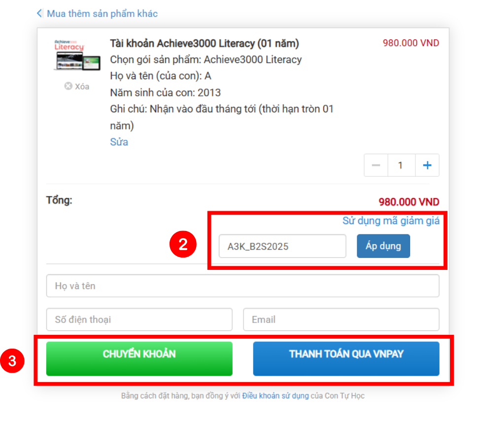 Hướng dẫn áp dụng mã học bổng A3K